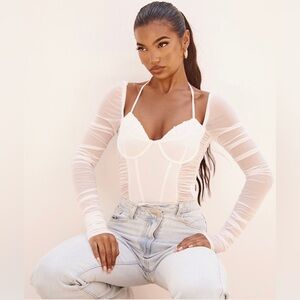 White mesh extreme rushed halterneck cup detail long sleeve bodysuit